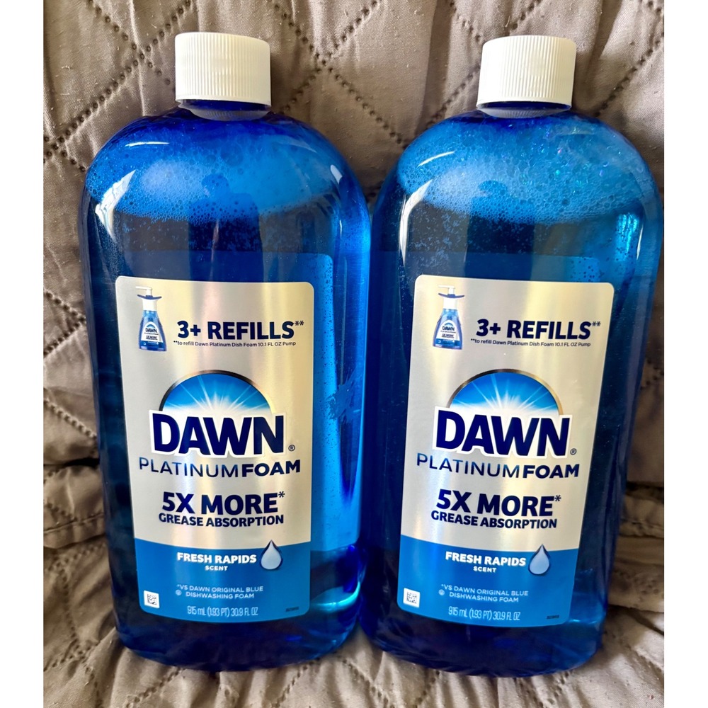 2 Pack Dawn Platinum Foam Dish Soap Refill Fresh Rapids 30.9 fl oz Each Bottle